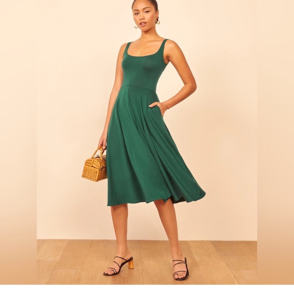 Reformation Green Knit Fit Midi Flare Dress